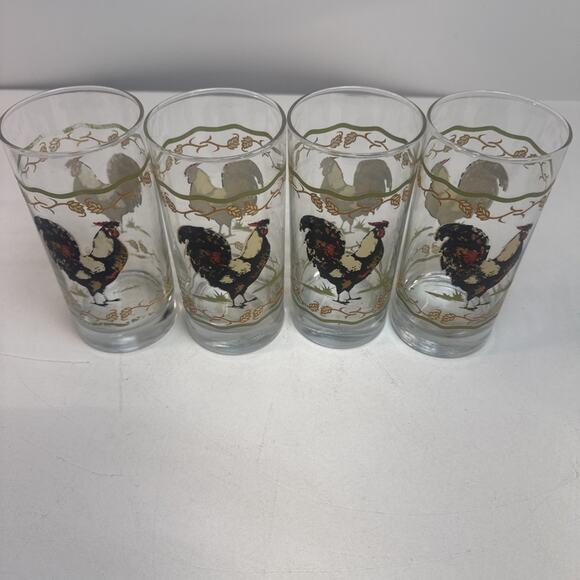 4 CRISA BY LIBBEY MULTI-COLOREC ROOSTER GRAPHIC 16 OZ TUMBLER GLASSES - - Picture 1 of 6
